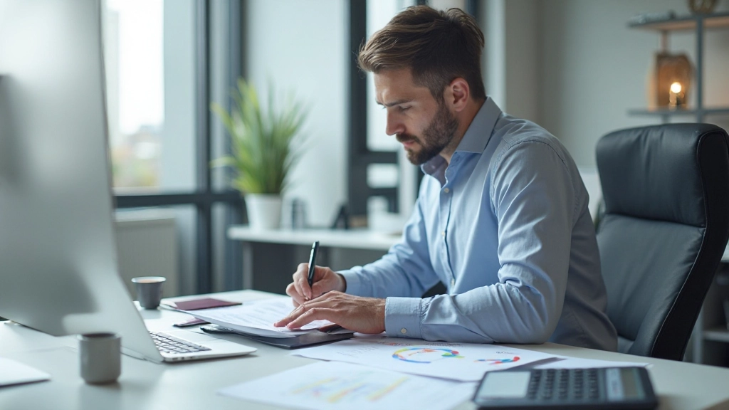 Профессиональный финансовый анализ расходов в офисной среде с графиками и калькулятором